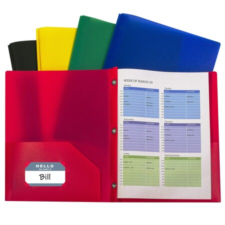 C-Line Products TwoPocket Heavyweight Poly Portfolio Folder with Prongs, Assorted Primary Colors, 10PK 32960